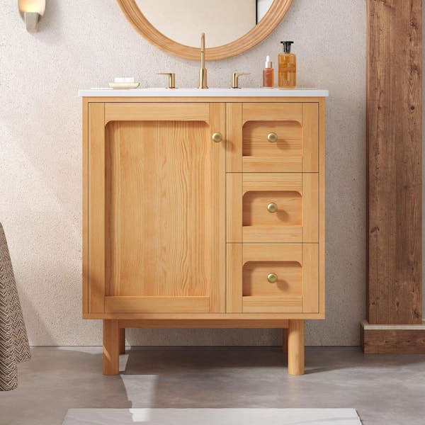 FAMYYT 30 in. W Freestanding Natural Wood Solid Wood Frame Bath Vanity with White Ceramic Top