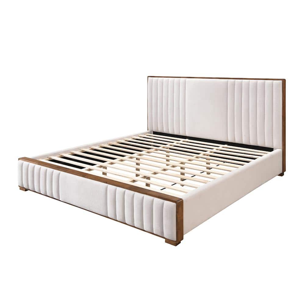 Kaleea Light Gray Chenille and Walnut Queen Bed
