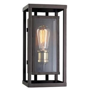 Showcase 13 in. 1-Light Rubbed Oil Bronze and Antique Brass Outdoor Wall Light Fixture with Clear Glass
