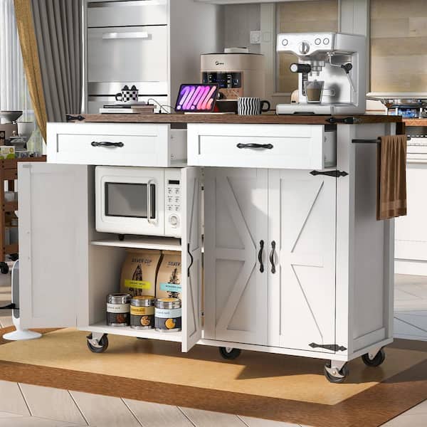 White Wood 53.5 in. Kitchen Island with Power Outlet, Drop Leaf and Drawers