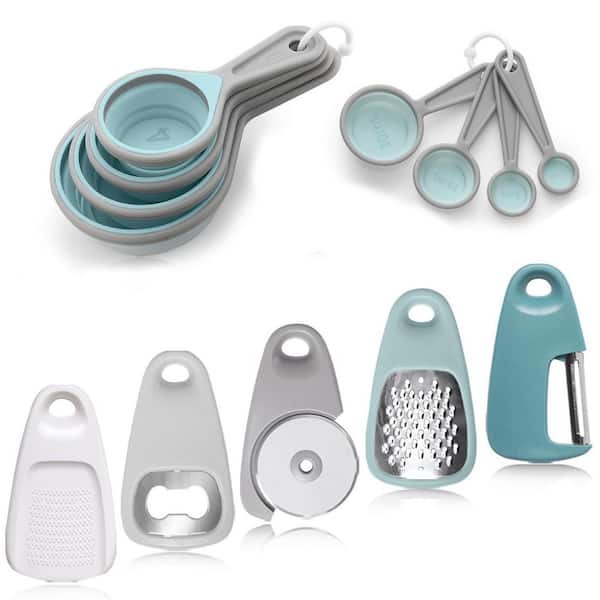 Black 13PCS Kitchen Gadgets w Pizza Cutter, Cheese Grater, Peeler, Bottle Opener, Garlic Grinder, Measuring Cups, Spoons