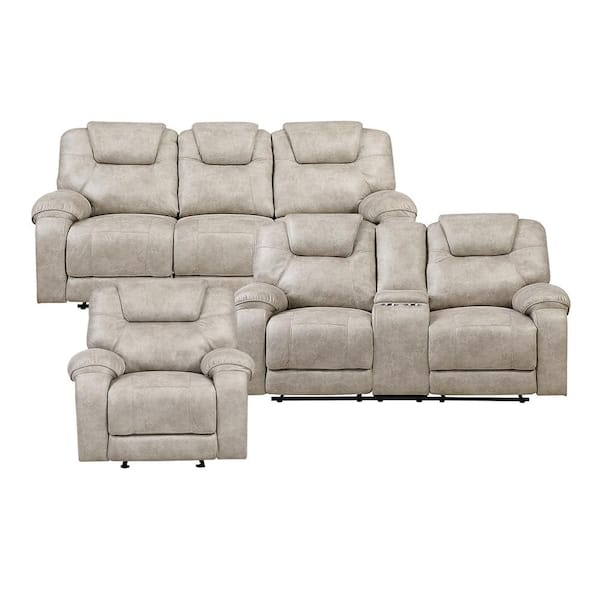 Emily 87 in. W Pillow Top Arm Microfiber Rectangle 3-Piece Manual Double Reclining Sofa Set in Pewter