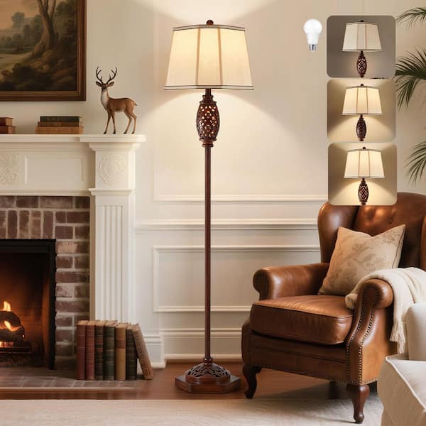 63in Vintage Brown Standard Floor Lamp, Carved Resin with Hollow Light Design, for Living Room, Bedroom, Study.