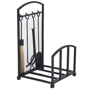 Indoor/Outdoor Use Black Firewood Log Rack Storage Holder Stand with Tool Kit and Wrought Metal Frame