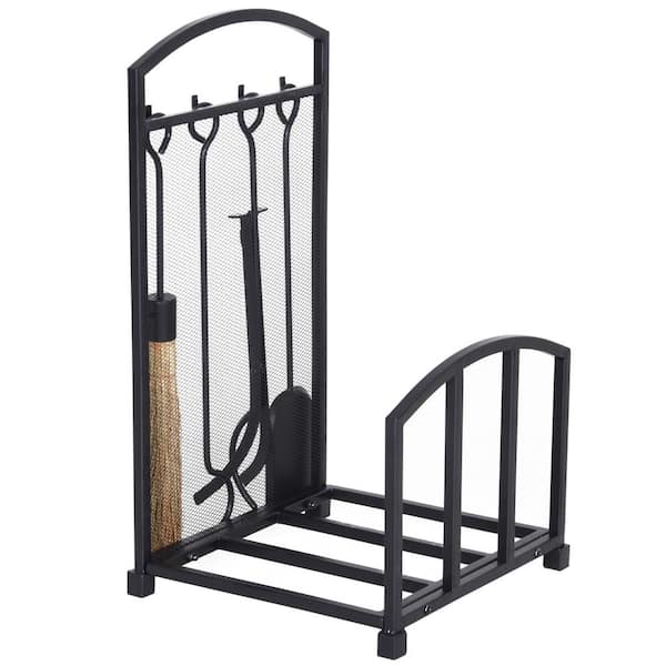 HOMCOM Indoor/Outdoor Use Black Firewood Log Rack Storage Holder Stand with Tool Kit and Wrought Metal Frame