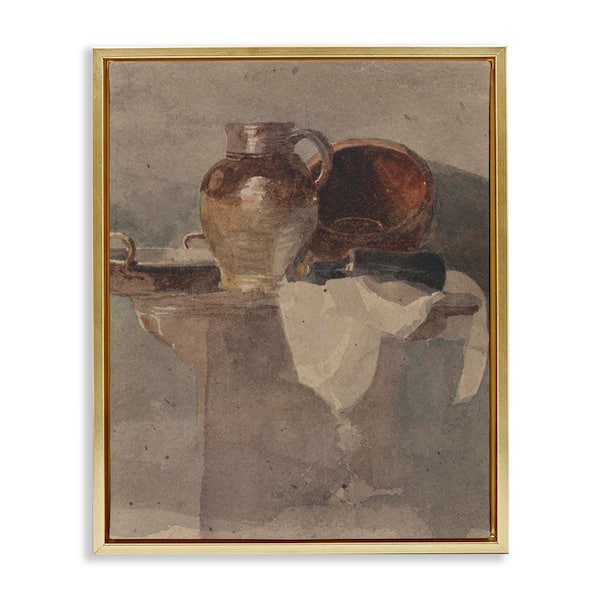 Stupell Industries Grey Still Life Vase by Peter Dewint Gold Floater Frame Typography Graphic Art Print 31 in. x 25 in.