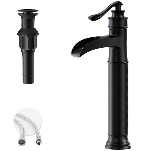 Waterfall Single Hole Single-Handle Vessel Bathroom Faucet With Pop-up Drain Assembly in Matte Black