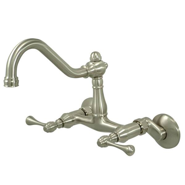 Kingston Brass Victorian Lever 2-Handle Wall-Mount Standard Kitchen Faucet in Satin Nickel