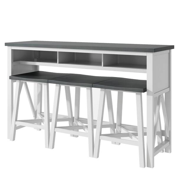 Unbranded White and Gray 4-Piece Solid Wood Dining Table Set with 3 Stools