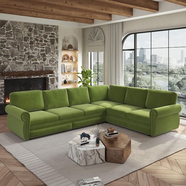 Louise 118 in. Rolled Arm Chenille Upholstered L-Shaped Sectional Sofa in Green with Pull-Out Bed, Nailhead Trim