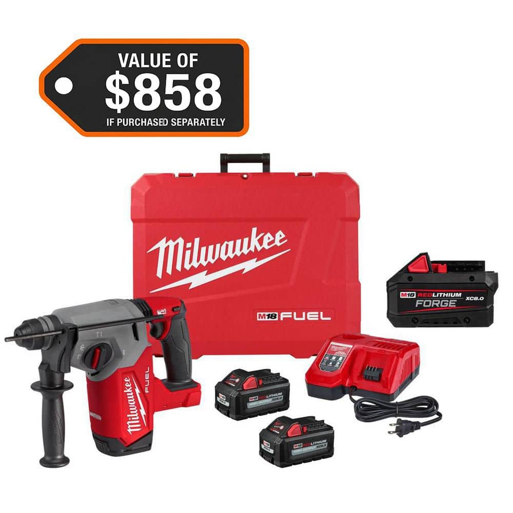 Milwaukee M18 FUEL 18V Lithium-Ion Brushless 1 in. Cordless SDS-Plus Rotary Hammer w/ Two 6.0 Ah Batteries & FORGE 8.0 Ah Battery