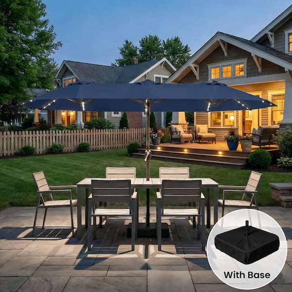 15 ft. Large Double-Sided Patio Umbrella with 36-Solar LED and Sandbag Base Fillable up to 160LB in Navy Blue