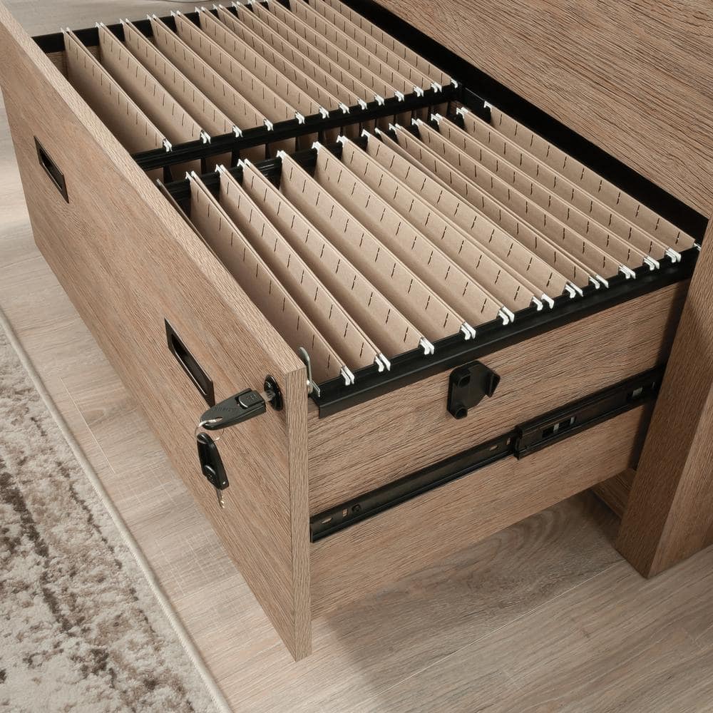 Brushed Oak 2-Drawer Lockable Lateral File Cabinet with Pebble White Accent