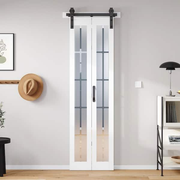 easelife 24 in. x 84 in. Full Lite Pre Assembled Frosted Glass Solid Core Wood White Finished Bi-Fold Door with Hardware