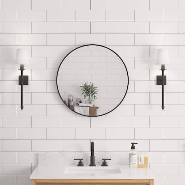 ANGELES HOME 24 in. W x 24 in. H Small Round Anodized Aluminum Framed Wall Bathroom Vanity Mirror in Matte Black