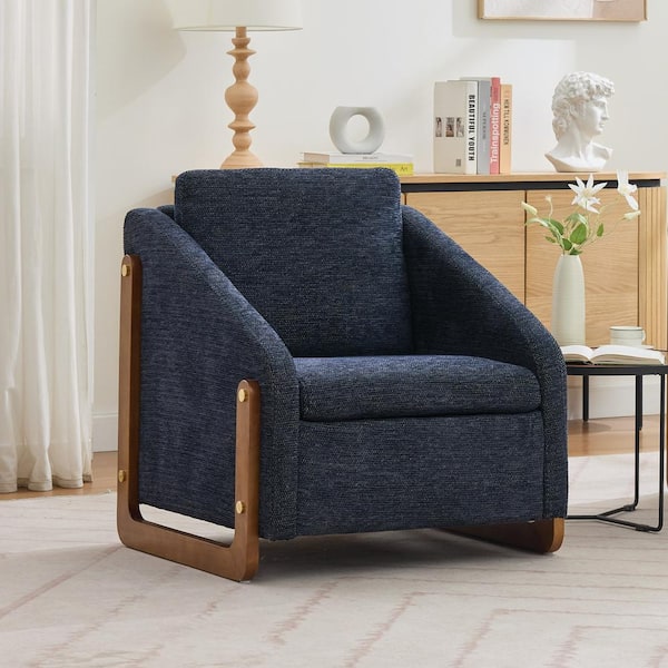 JUJABU Blue Chenille Fabric Upholstered Armchair with Wooden Side Frame Cushioned Seat and Backrest
