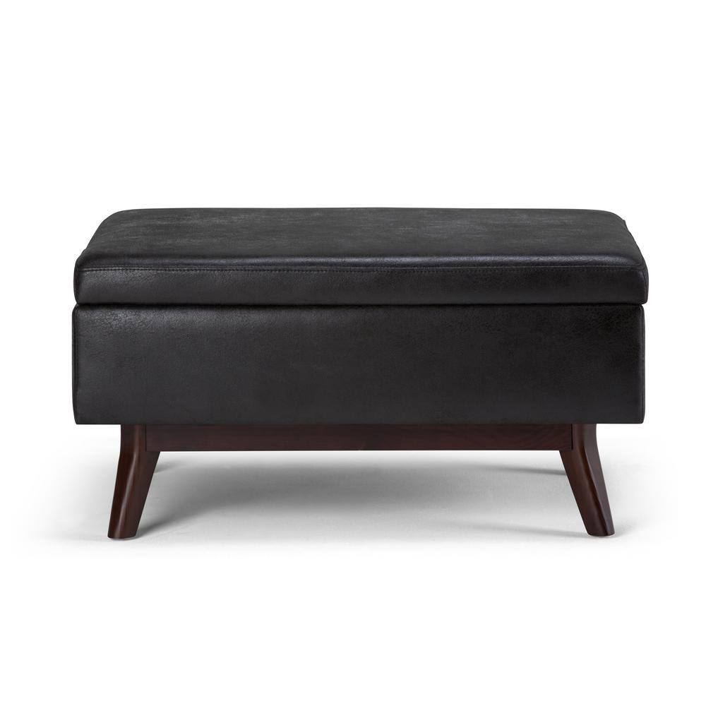Mid-Century Modern Distressed Black Wood Rectangular Storage Ottoman