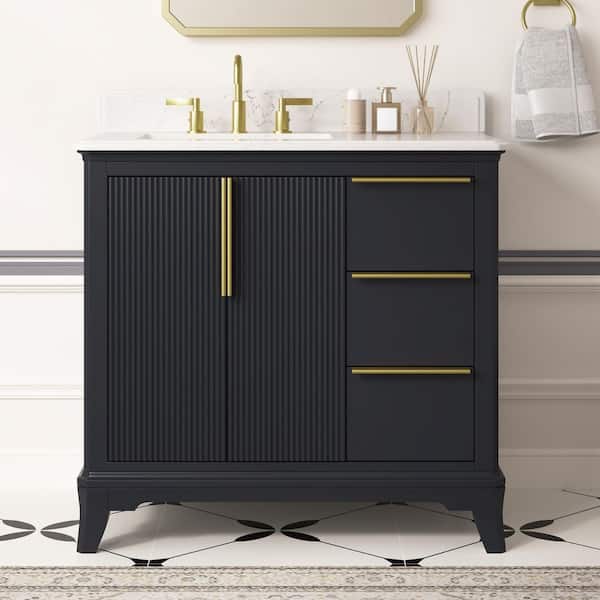 Rothen 37 in. Single Sink Freestanding Black Blue Bath Vanity with White Engineered Stone Top and Backsplash Assembled
