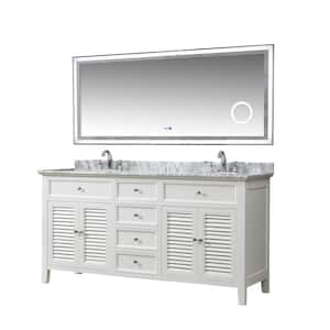 70 in. W x 23 in. D x 36 in. H Double Sink Freestanding Bath Vanity in White with White Carrara Marble Top and Mirror