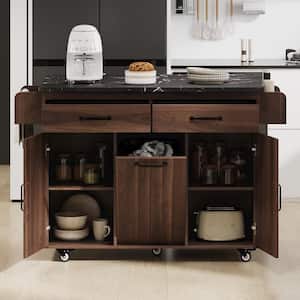 Brown Wood 51 in. W Rolling Kitchen Island Cart with Drop Leaf and Tilt-out Trash Can