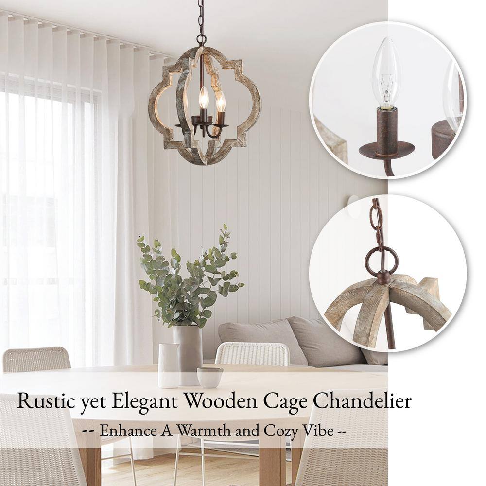 Distressed Bronze & Wood 16" Geometric Cage Chandelier with Chain
