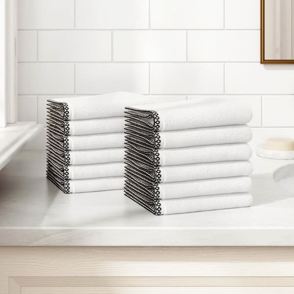 White / Black Quick-Dry Cotton Boho-Inspired Border 12 Pack Washcloth Set