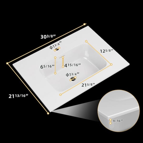 30 in. W x 22 in. D Solid Surface Rectangular Single Sink Vanity Top in White for Bathroom Cabinet with Faucet Hole