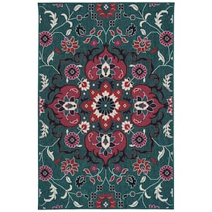 Bitki Collection Teal 7'10" x 7'10" Round Residential Indoor-Outdoor Area Rug