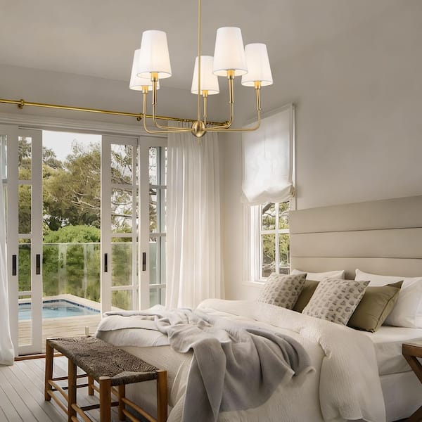 TinHon 5-Light Modern Gold Chandelier with White Fabric Shades for