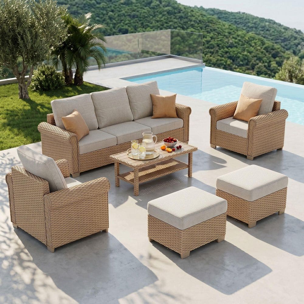 6-Piece Wicker Outdoor Sectional Set with a Coffee Table and Beige Cushions and Ottoman