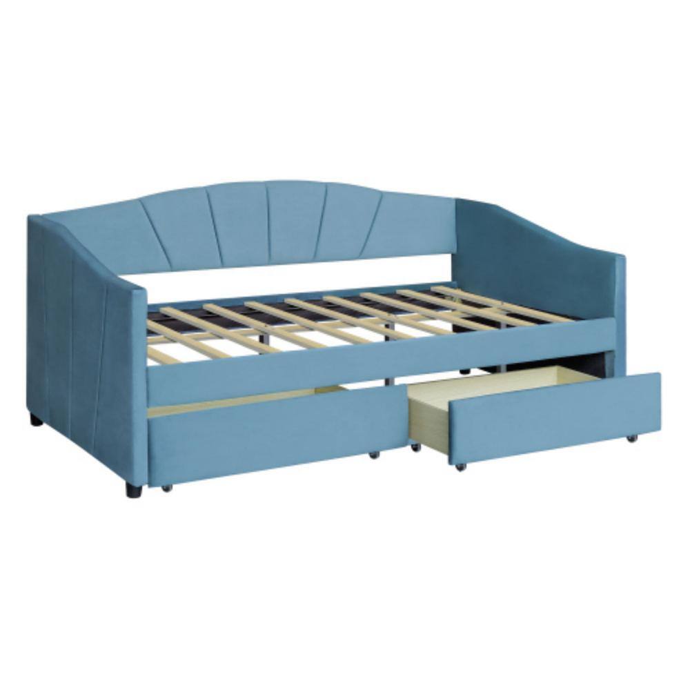 Clihome Blue Twin Size Upholstered Daybed with 2Drawers and Wood Slat