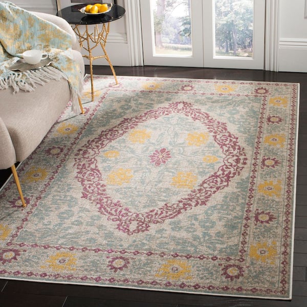 Montage Beige/Fuchsia 5 ft. x 8 ft. Traditional Distressed Medallion Indoor/Outdoor Area Rug