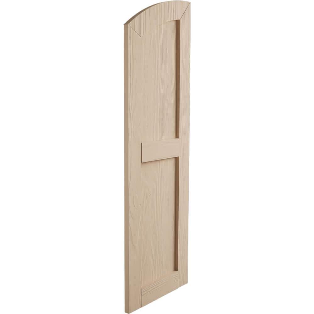 Primed Tan Sandblasted Faux Wood Shutters with Elliptical Top, 12" x 82"