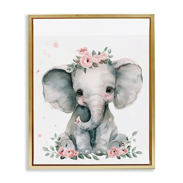 Stupell Industries Nursery Floral Elephant by LSR Design Studio Gold Floater Frame Animal Graphic Art Print 21 in. x 17 in.