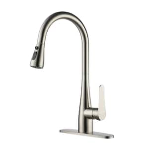 3-Spray Patterns Single Handle Pull Down Sprayer Kitchen Faucet with Deck Plate and Water Supply Hoses in Brushed Nickel