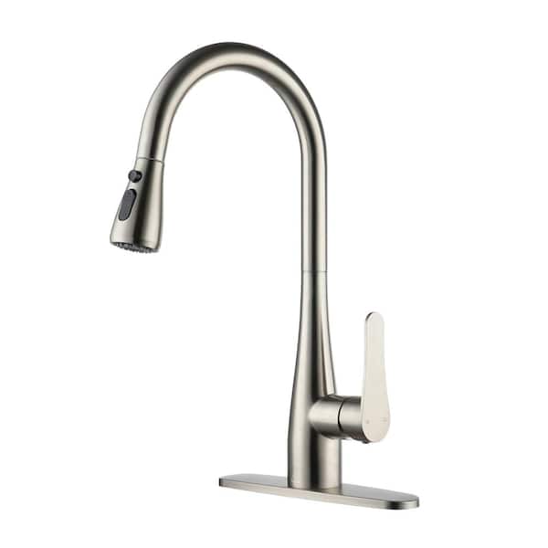 Boyel Living 3-Spray Patterns Single Handle Pull Down Sprayer Kitchen Faucet with Deck Plate and Water Supply Hoses in Brushed Nickel