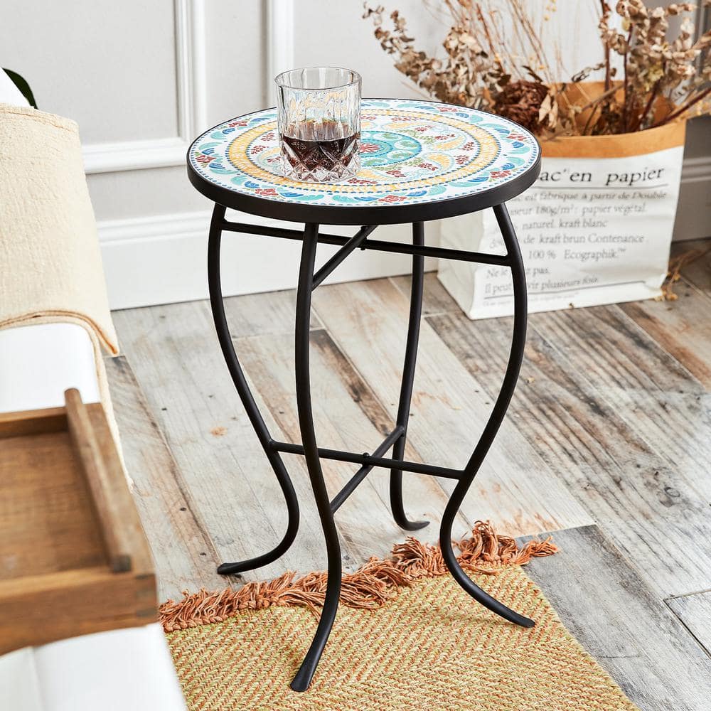 Floral Turkish-Style Ceramic Tile Round Side Table