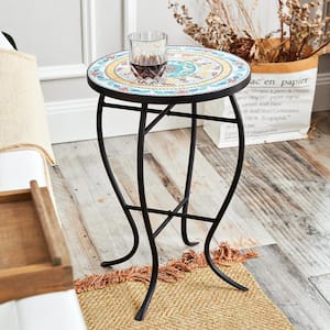 Black Metal Mosaic Top Outdoor Side Table with Curved Legs, Flora Pattern