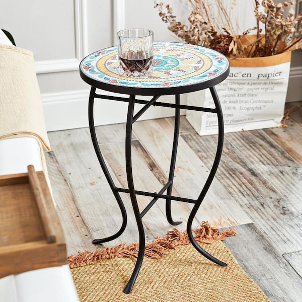 Black Metal Mosaic Top Outdoor Side Table with Curved Legs, Flora Pattern