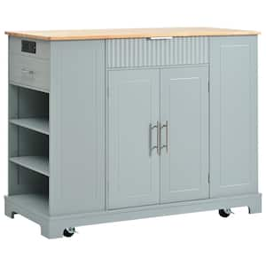 Gray Blue Wood 48.5 in. Rolling Kitchen Island Cart with Side Tilt-Out Trash Can, 3-Drawers and 3-Open Side Racks