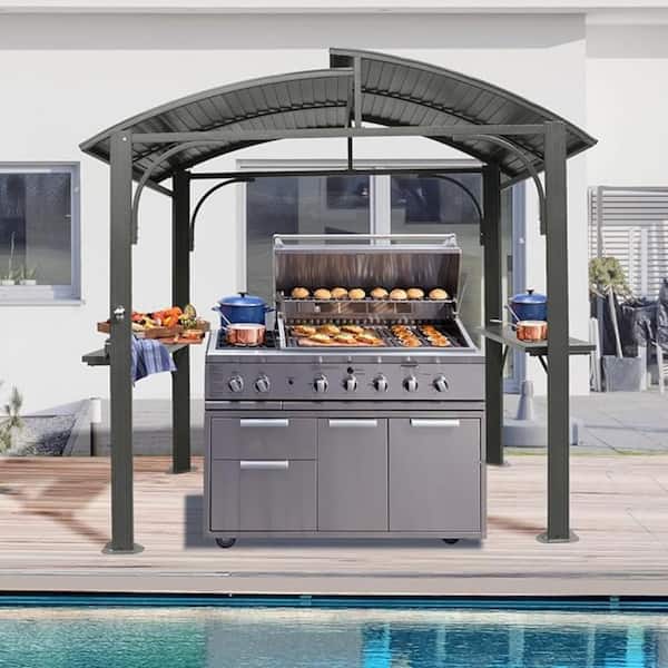 Daheat Sandgo 8 ft. x 5 ft. Hardtop Steel Frame BBQ Grill Gazebo in Grey with Double Galvanized Steel Roofs and 2 Side Shelves