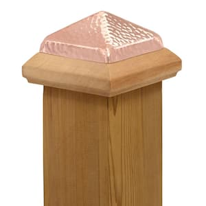 Miterless 4 in. x 4 in. Mahogany Wood Slip Over Fence Post Cap with Hammered Copper Pyramid