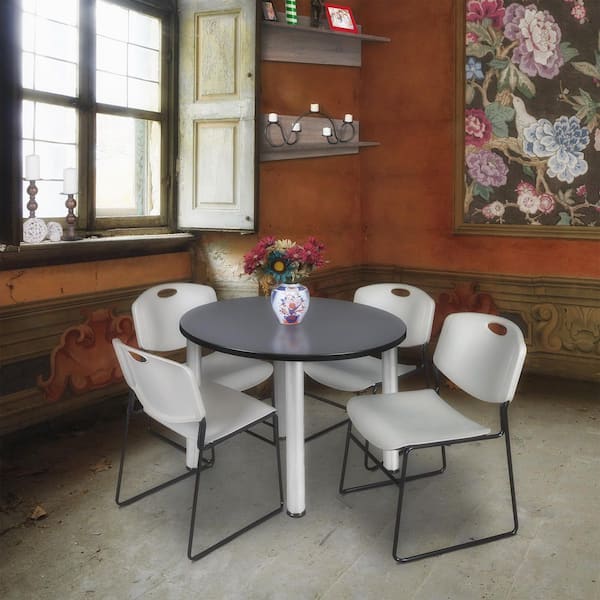 Kee 36 in. Grey Top Round Breakroom Table Desk, Chrome Legs, 4 Zeng Stack Chairs-Grey