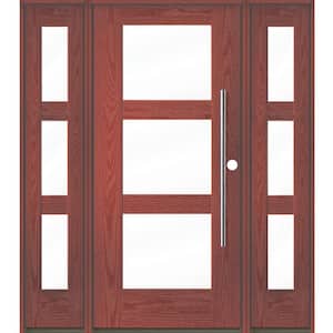 Modern Faux Pivot 64 in. x 80 in. 3-Lite Left-Hand/Inswing Clear Glass Redwood Stain Fiberglass Prehung Front Door w/DSL