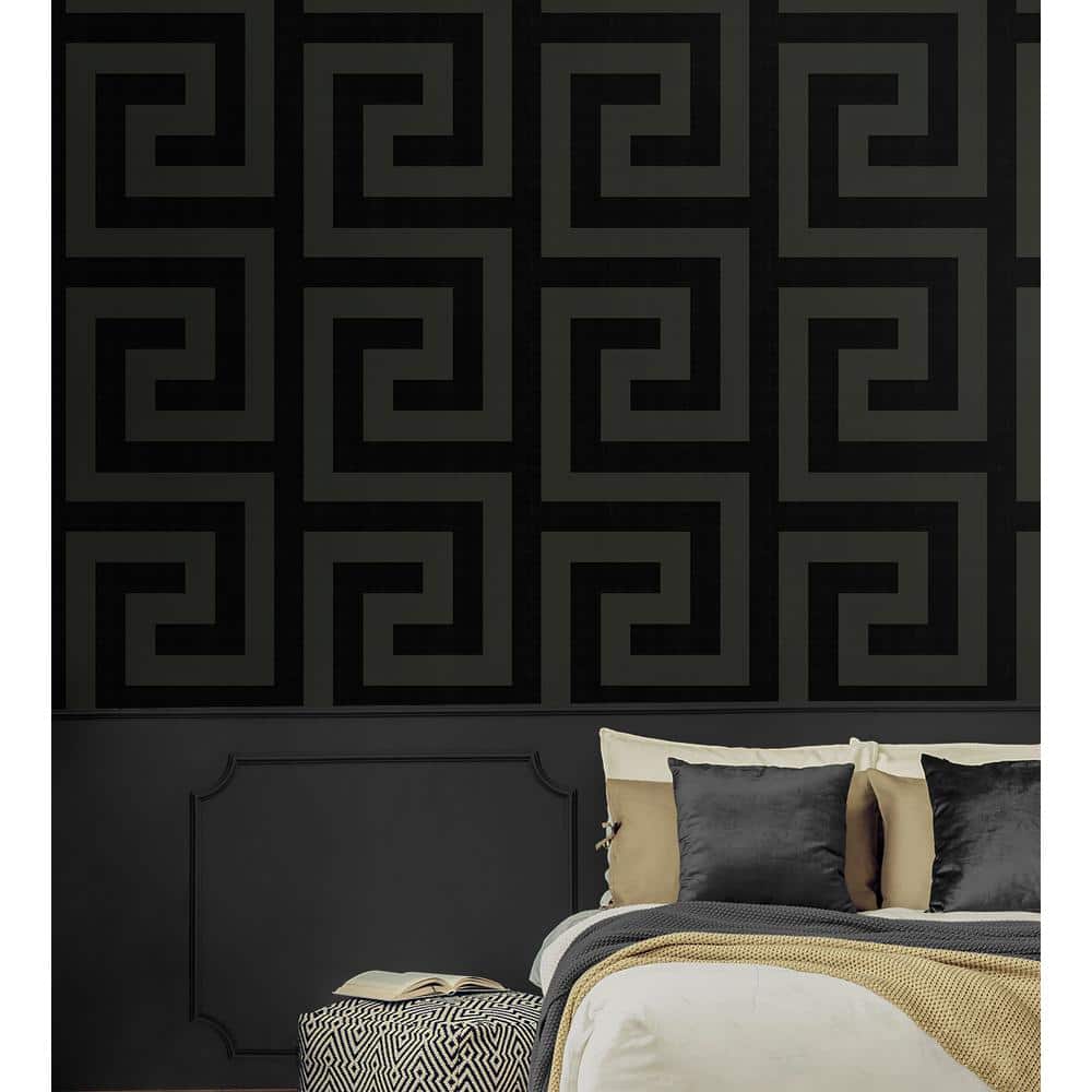 Ebony and Graphite Greek Key Peel and Stick Wallpaper