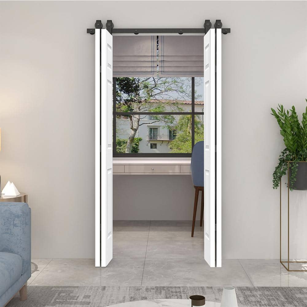 60 in. x 80 in. White Painted MDF Double Bi-Fold Barn Door with Sliding Hardware Kit