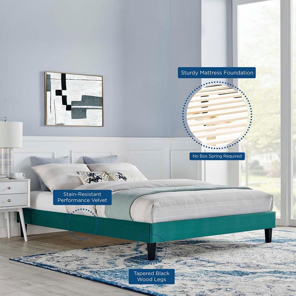 Teal Velvet Upholstered King Platform Bed with Tapered Legs
