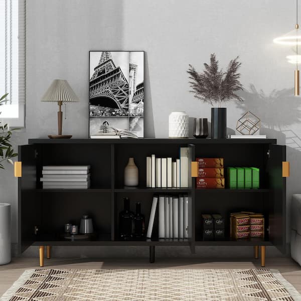 Black TV Stand Fits TV's up to 75 in. with Adjustable Shelves and Storage Sideboard Cabinet