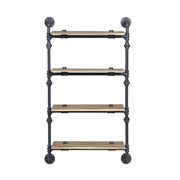 Unbranded Urbane 4-Tiered Industrial Aged Wood Print MDF and Metal Pipe Floating Wall Shelf 28 in. W. x 9 in. Corner Molding