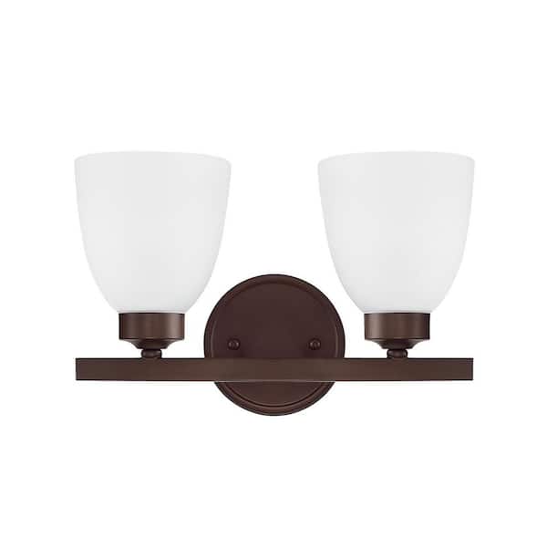HOMEPLACE LIGHTING 13 in. W x 8.5 in. H x 7.5 in. E 2-Light Soft White Glass Vanity Light in Bronze